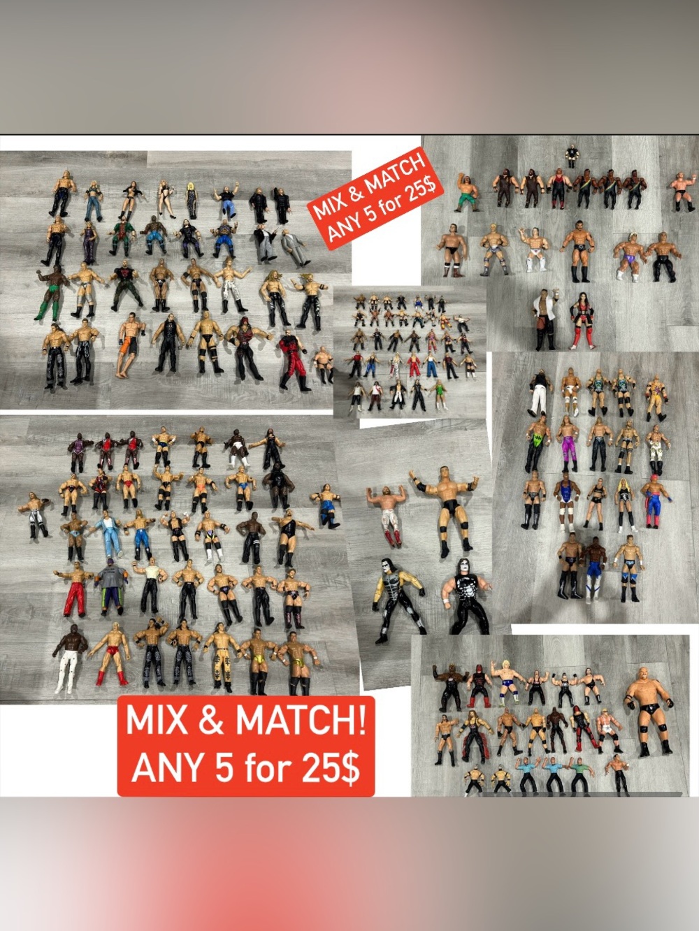 Wrestling figures galore! MIX & MATCH! ANY 5 for 25$!! Please see description!